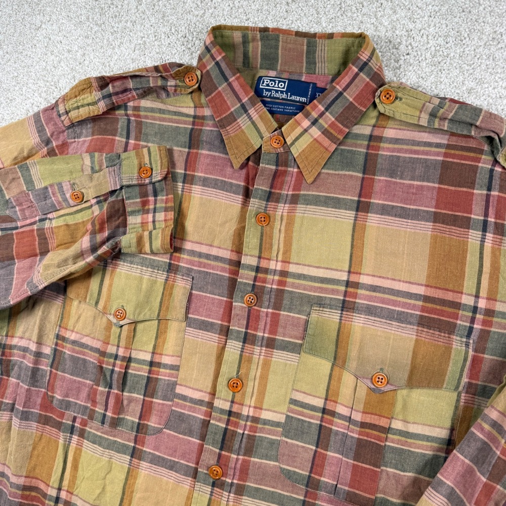 Polo Ralph Lauren Button Down Men XXL Multi Color Plaid Madras Safari Epaulets